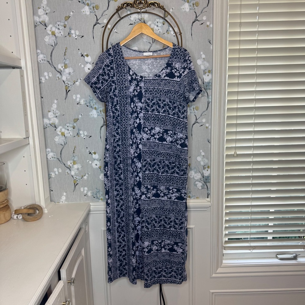 Pure Jill J. Jill Navy Mixed Geometric Patchwork Pocket Midi Dress Womens M